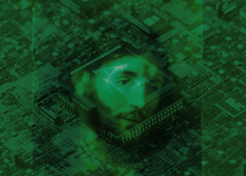 Painting of Jesus overlaid by computer motherboard and AI chip