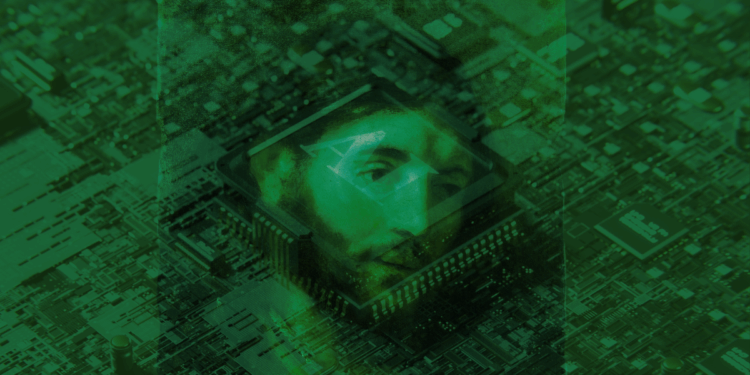 Painting of Jesus overlaid by computer motherboard and AI chip
