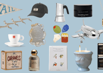 collage of gifts including caramels, soaps, a hat, perfume, a candle, notecards, and a cocktail shaker