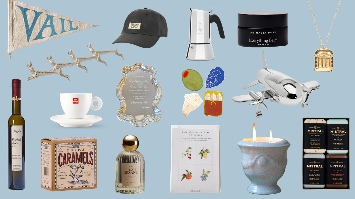 collage of gifts including caramels, soaps, a hat, perfume, a candle, notecards, and a cocktail shaker