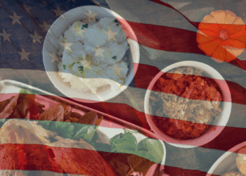 American Flag overlaid on a Thanksgiving dinner