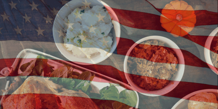 American Flag overlaid on a Thanksgiving dinner