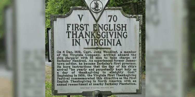 sign commemorating the first english thanksgiving in Virginia