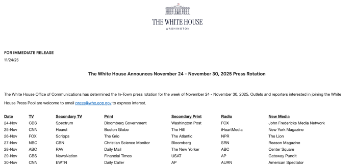 This screenshot of the White House pool rotation shows that the administration has broadened those allowed in beyond the old left legacy media and news outlets.