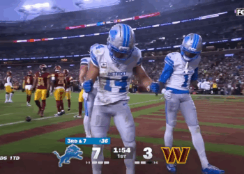 Amon-Ra St. Brown doing the Trump dance.