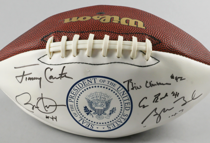 A football signed by six presidents is heading to the auction block. Photo courtesy Alexander Historical Auctions