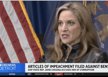 Michigan Secretary of State Jocelyn Benson speaks at a press conference after a GOP lawmaker filed articles of impeachment against her.