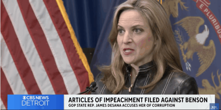 Michigan Secretary of State Jocelyn Benson speaks at a press conference after a GOP lawmaker filed articles of impeachment against her.
