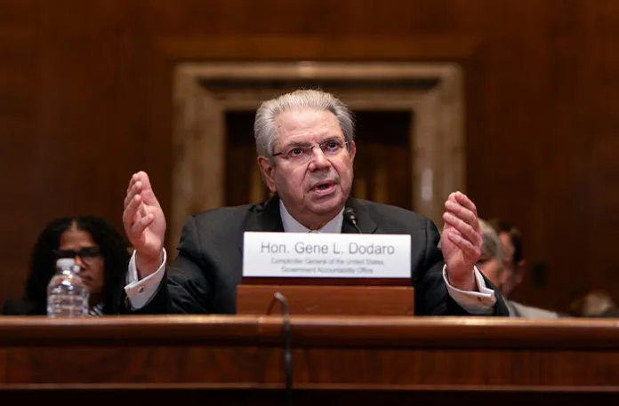 Gene L. Dodaro, US comptroller general at the Government Accountability Office (GAO) during a Senate Subcommittee on the Legislative Branch hearing in Washington, DC on April 29. (Al Drago/Bloomberg via Getty Images)