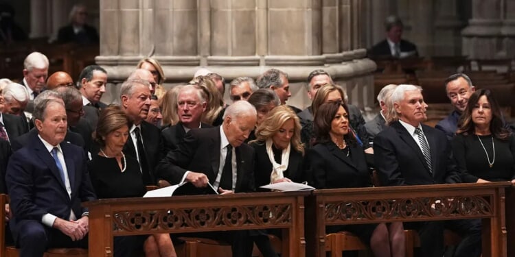 Two views of the Cheney funeral, a Trump-era event