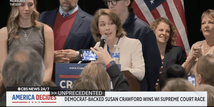 Susan Crawford delivers here victory speech after winning a seat on the Wisconsin Supreme Court.