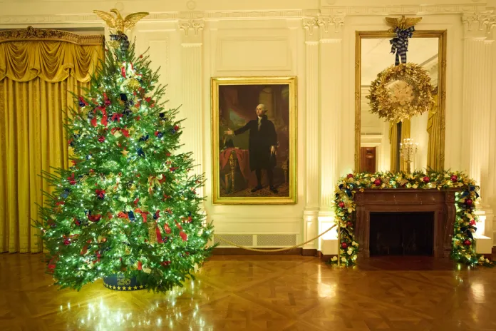 Christmas trees decorate the East Room of the White House.