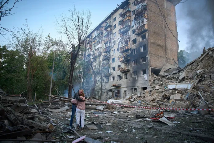 Bombed apartment building in Ukraine