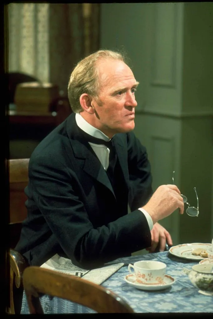 Actor Gordon Jackson in character as butler Angus Hudson on the set of period drama Upstairs, Downstairs, circa 1975. (Photo by TV Times via Getty Images)