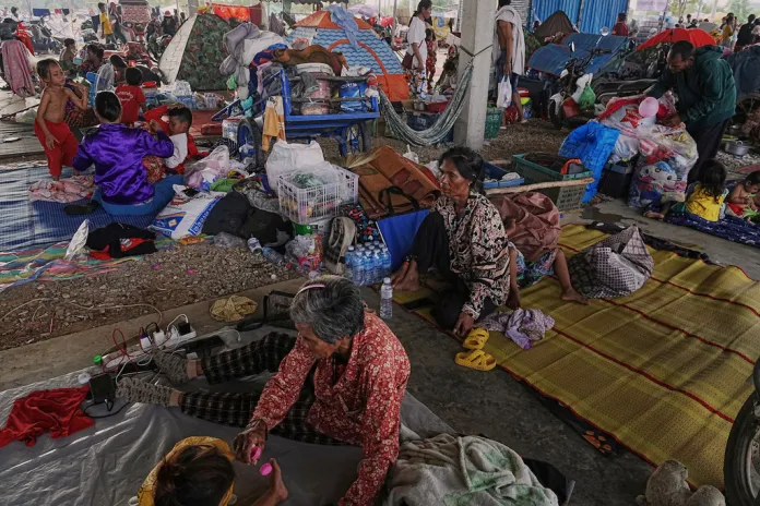 Evacuees take refuge in Banteay Menchey provincial town, Cambodia.