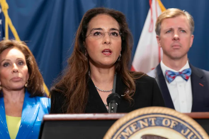 Assistant Attorney General for Civil Rights Harmeet Dhillon speaks during a news conference on charges related to the deadly shooting of Israeli Embassy staff during a news conference at the Attorney General's office for the District of Columbia in Washington, Thursday, Aug. 7, 2025. (AP Photo/Jose Luis Magana)