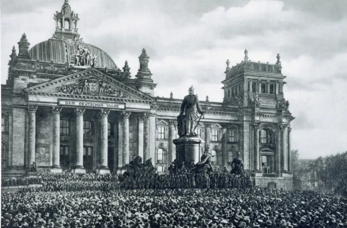 The proclamation of the German Republic in Berlin on November 9, 1918, marking the beginning of the Weimar Republic at the end of World War I.