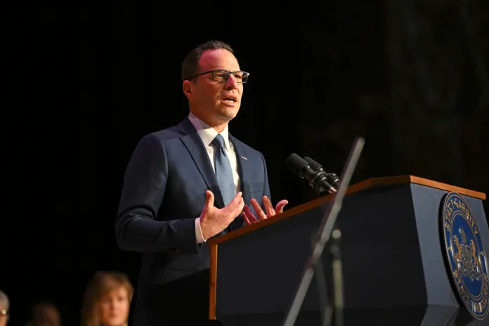 Gov. Josh Shapiro (D-PA) speaks at the swearing-in ceremony of state Treasurer Stacy Garrity.
