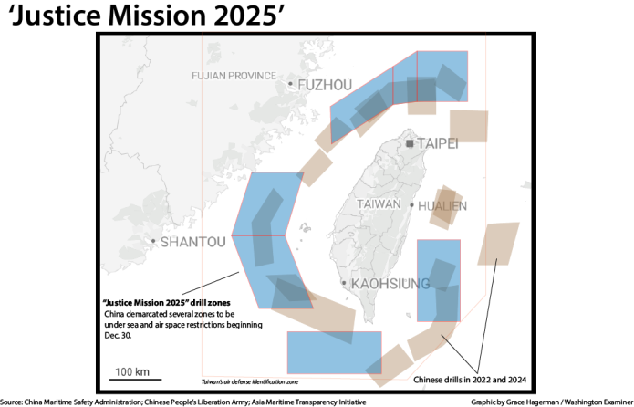 Graphic showing China's 'Justice Mission 2025' drill zones