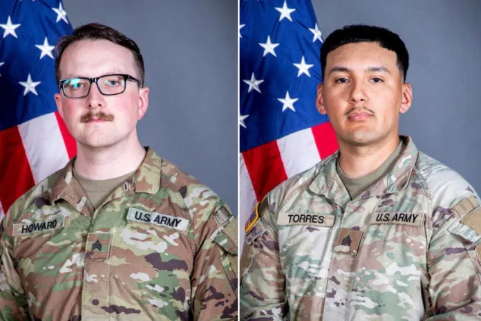 This undated combo photo created with images released by the Iowa National Guard shows Sgts. William Nathaniel Howard, left, and Edgar Brian Torres-Tovar.