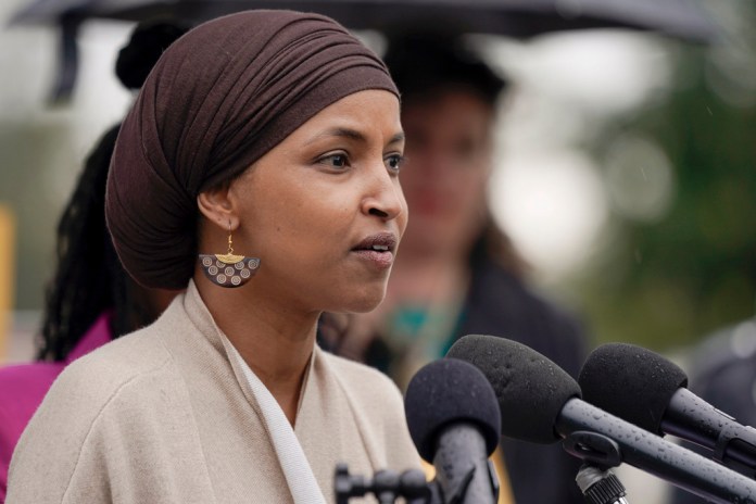 Rep. Ilhan Omar, D-Minn., talks during a press conference to call for a ceasefire in Israel and Gaza on Capitol Hill, Friday, Oct. 20, 2023, in Washington.