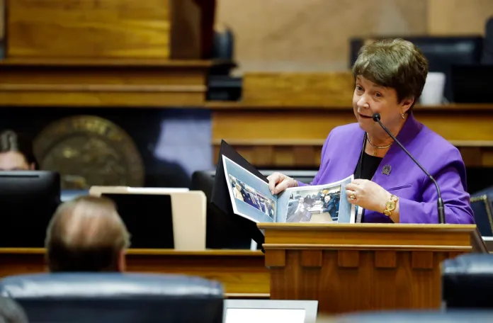 Republican Indiana state Sen. Jean Leising speaks at the Indiana Statehouse.