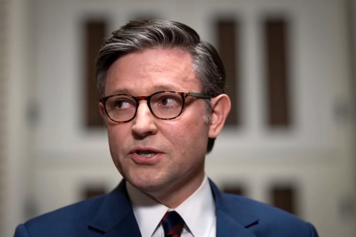 House Speaker Mike Johnson (R-LA) talks briefly to reporters just before a vote on an interim spending bill to prevent a government shutdown after President-elect Donald Trump abruptly rejected a bipartisan plan yesterday, at the Capitol in Washington, Thursday, Dec. 19, 2024. The vote failed to pass.