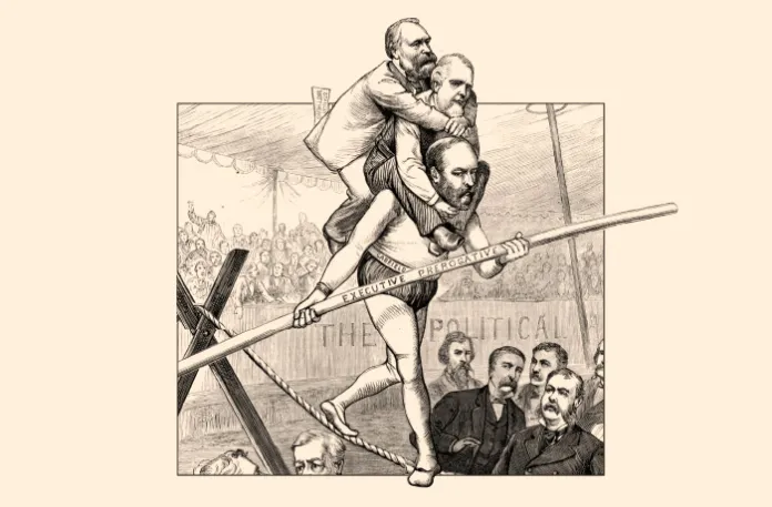 President Garfield (1831-1881) walking a tight rope 'senatorial courtesy' and holding a pole 'executive prerogative.' (Photo12/Universal Images Group/Getty Images)