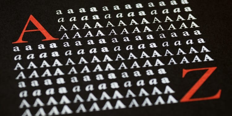 The letter "A" in various type styles on a black background