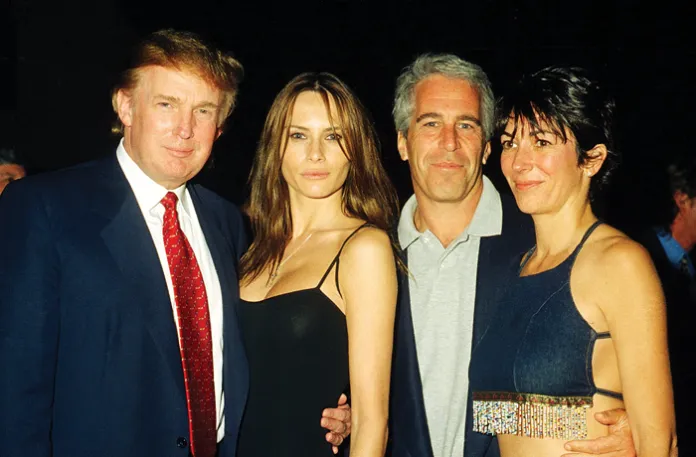 Donald Trump and his then-girlfriend, Melania Knauss, pose with Jeffrey Epstein and Ghislaine Maxwell at Mar-a-Lago in Palm Beach, Florida, Feb. 12, 2000. (Photo by Davidoff Studios/Getty Images)