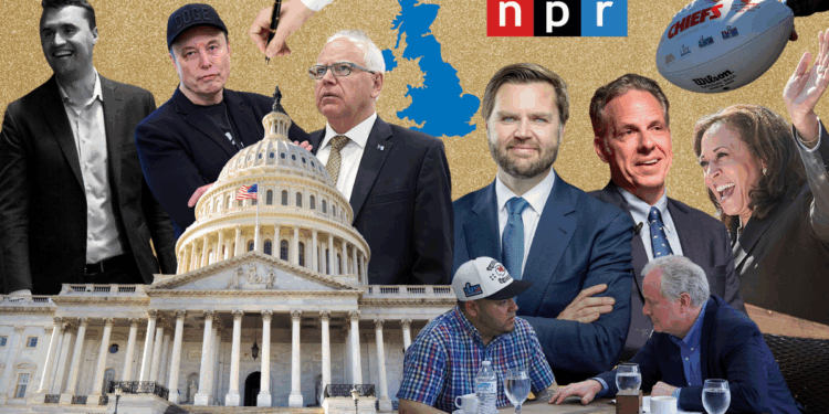 a collage of people and icons including Charlie Kirk, Elon Musk, Tim Walz, JD Vance, Jake Tapper, Kamala Harris, and the US Capitol building