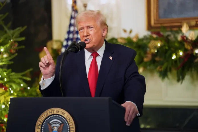 President Donald Trump delivered an end-of-year address to the nation Wednesday night, the vast majority of which saw him attack his predecessor, former President Joe Biden, as the White House scrambles to find an economic inroad with voters ahead of the 2026 midterm elections. (Doug Mills/The New York Times via AP, Pool)