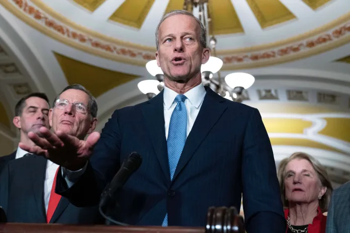 Senate Majority Leader John Thune, R-S.D., speaks to reporters