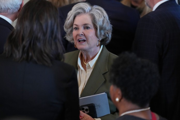 White House chief of staff Susie Wiles talks at an event on foster care in the East Room of the White House.