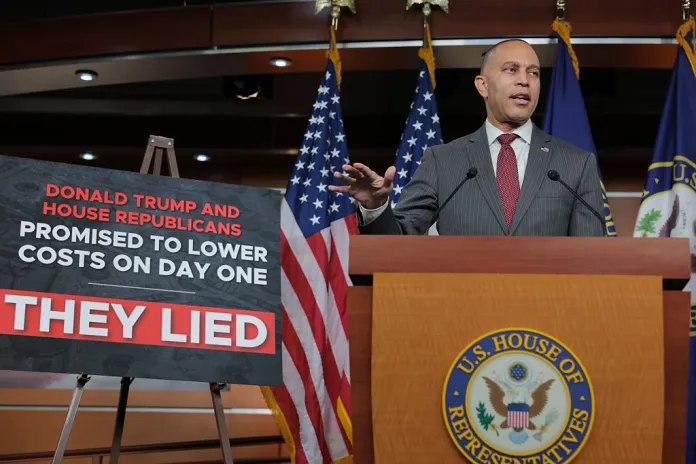 Minority Leader Hakeem Jeffries (D-NY) speaks at a news conference at the U.S. Capitol on December 01, 2025 in Washington, DC. Jeffries held the news conference to discuss healthcare legislation and took questions on a range of topics from reporters. (Photo by Anna Moneymaker/Getty Images)