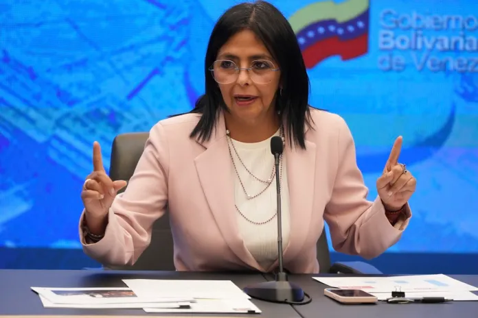 Vice President Delcy Rodriguez speaks to the press in Caracas