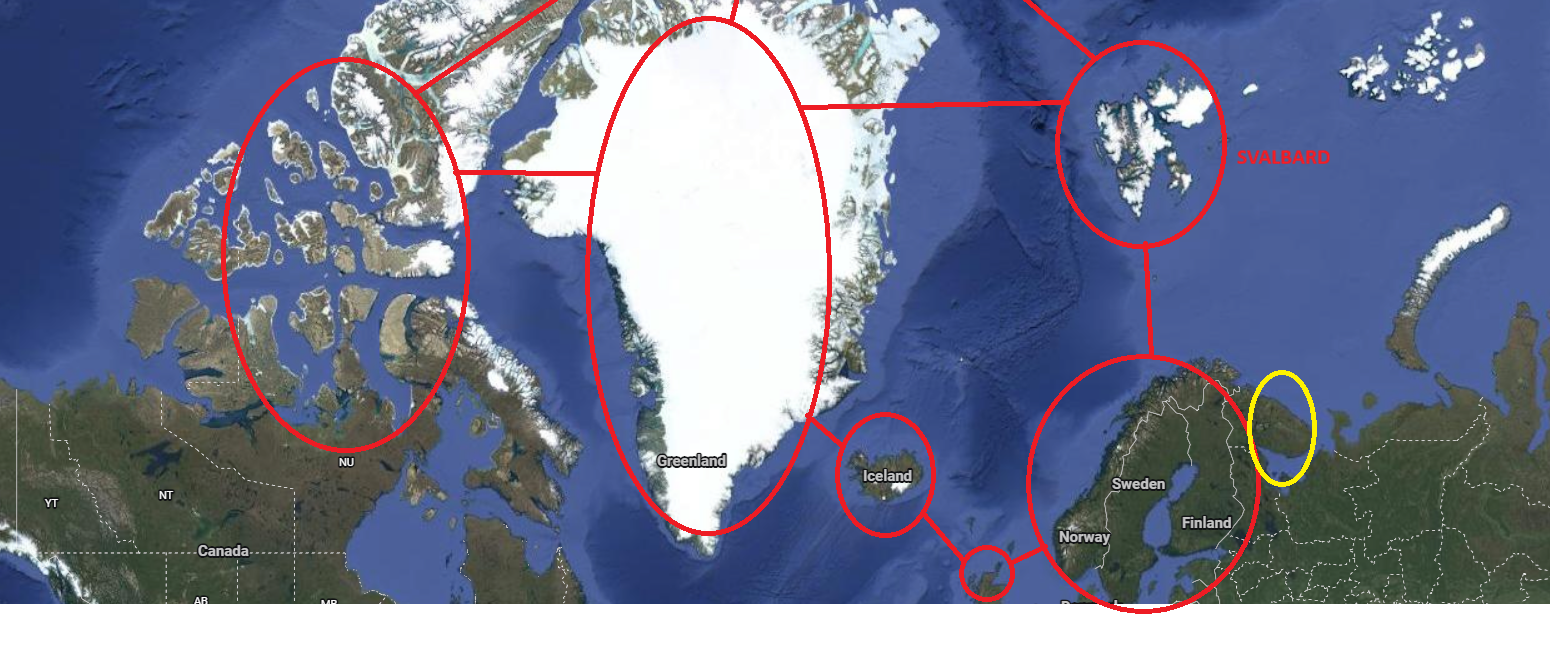 NATO territories circled in red and the Russian Northern Fleet bases circled in yellow, the maps show that U.S. military deployments on Svalbard, Greenland, and other NATO territories would allow Washington to exert power.