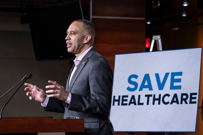 House Minority Leader Hakeem Jeffries, D-N.Y., speaks during a news conference at the Capitol in Washington, Monday, Jan. 12, 2026. (AP Photo/J. Scott Applewhite)