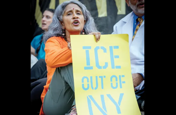 A Manhattan protest in which some 50 activists were arrested for attempting to block the driveway of a federal immigration court, Sept. 18, 2025. (Erik McGregor /LightRocket/Getty)