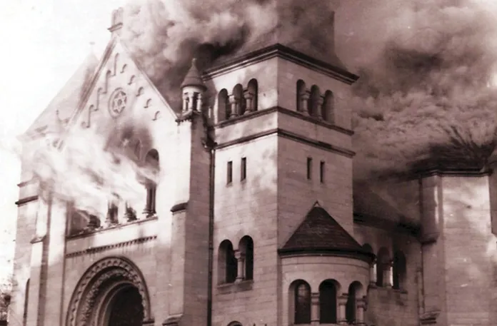 A synagogue burns in Baden-Baden, Germany, Nov. 9, 1938. (Universal History Archive/Universal Images Group/Getty)