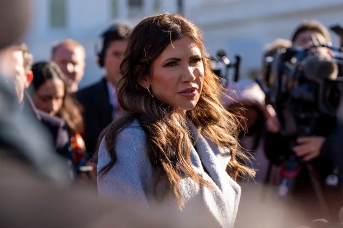 Homeland Security Secretary Kristi Noem speaks with reporters at the White House, Thursday, Jan. 15, 2026, in Washington. (AP Photo/Alex Brandon)