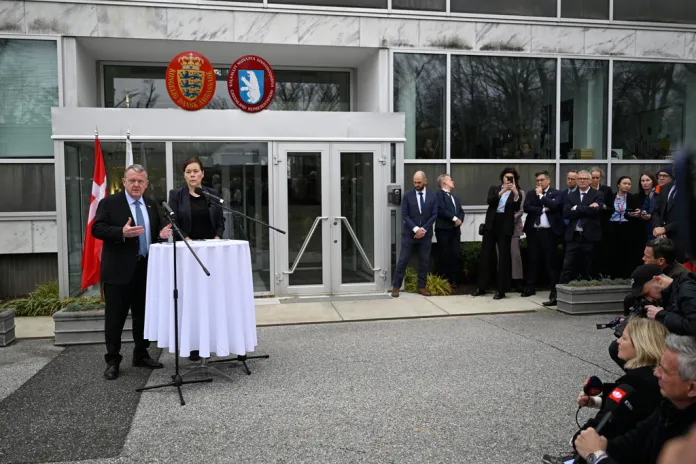 Danish Foreign Minister Lars Løkke Rasmussen and Greenlandic Foreign Minister Vivian Motzfeldt speak at a news conference at the Danish Embassy in Washington.