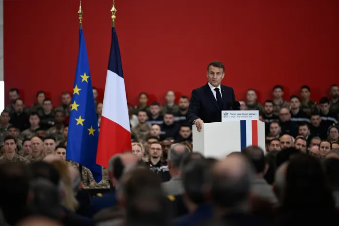 French President Emmanuel Macron delivers a speech as he visits the Istres military air force base, southern France, Thursday, Jan. 15, 2026.