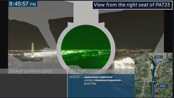 A simulation shown at the NTSB board meeting on Tuesday, Jan. 27, 2026 recreating the crash from last year. (Samantha-Jo Roth, Washington Examiner)