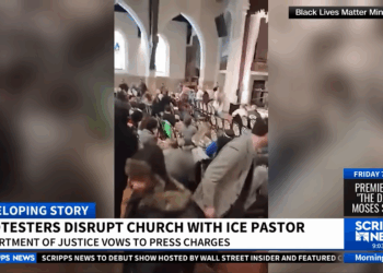 Left-wing activists storming a church.