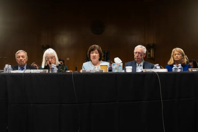 Sen. Richard Durbin, D-Ill., from left, Vice Chairman Sen. Patty Murray, D-Wash., Senate Appropriations Committee Chairman Sen. Susan Collins, R-Maine, Sen. Mitch McConnell, R-Ky., and Sen. Lisa Murkowski, R-Alaska, are seated during a Senate Appropriations Committee meeting