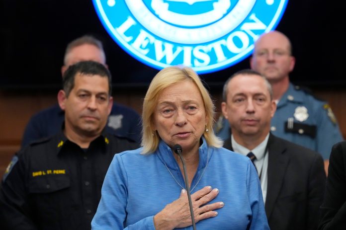 Gov. Janet Mills (D-ME) speaks during a news conference in the aftermath of a mass shooting in Lewiston, Maine, Friday, Oct. 27, 2023. 