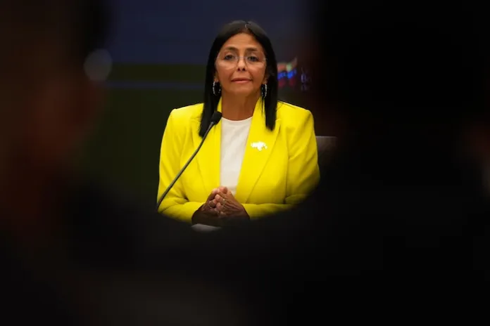 Venezuelan Vice President and Oil Minister Delcy Rodriguez gives a press conference at the Miraflores presidential palace in Caracas, Venezuela, March 10, 2025. (AP Photo/Ariana Cubillos, File)