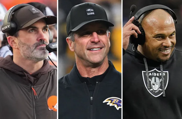 Kevin Stefanski and John Harbaugh, left, are being considered for the New York Giants’ head coaching position. Antonio Pierce will also be interviewed under the NFL’s Rooney Rule, though he is viewed as a long shot. (AP Photos)