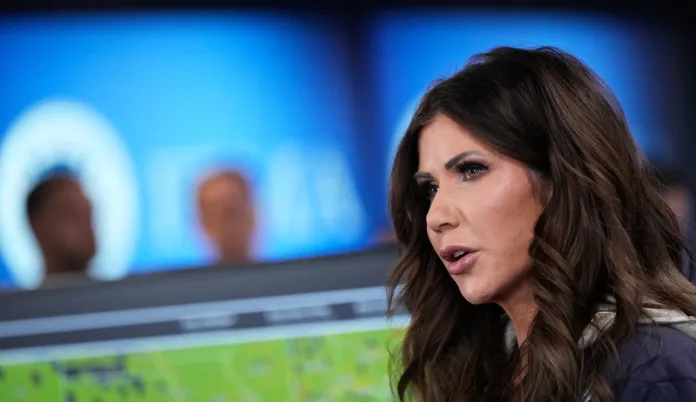 Homeland Security Secretary Kristi Noem speaks about the impending winter weather during a news conference at Federal Emergency Management Agency headquarters.